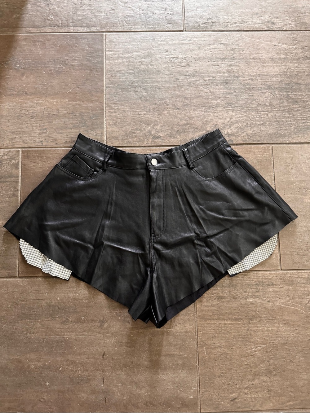 Hot & Delicious Black Faux Leather High-Waist Shorts with Rhinestone Hem, Sz L - Picture 8 of 8